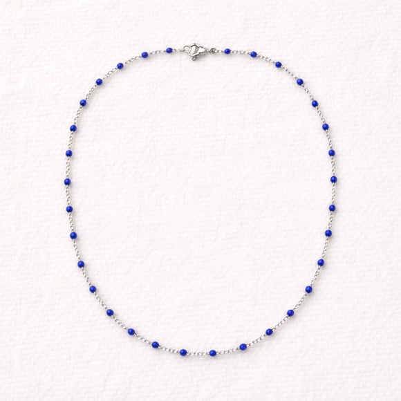 Necklace - 16” Stainless Steel Silver tone Necklace with dark blue Bead Accents - Picture 3 of 4